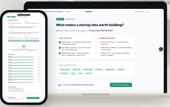 Real screens from the live StartupToGo platform